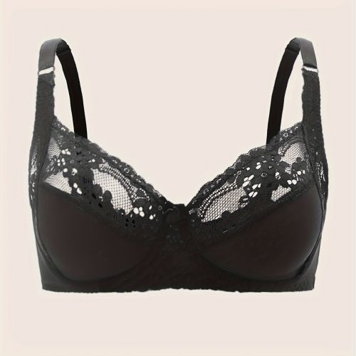 Plus Size Sexy Bra, Women's Plus Comfort Floral Lace Underwire Hook & Eye Soft Bra