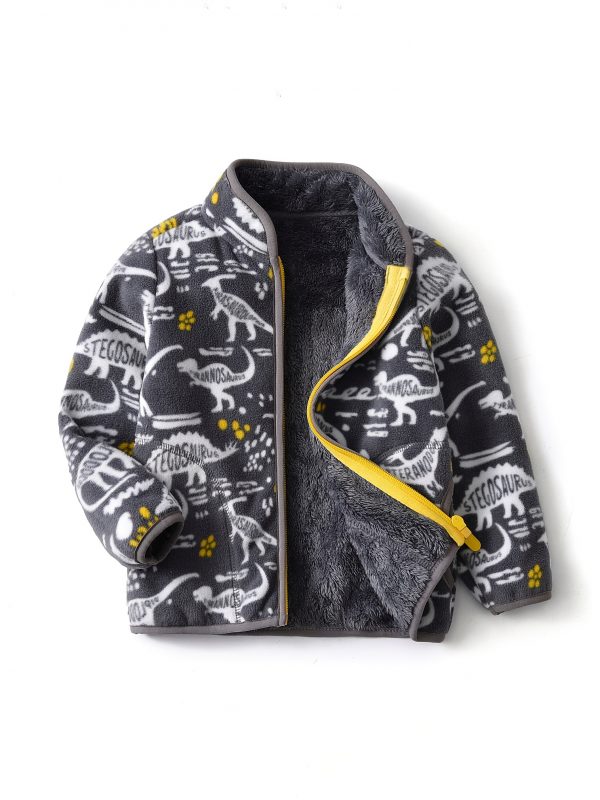 Kids Cartoon Dinosaur Print Polar Fleece Warm Stand Collar Vintage Jacket Autumn Winter