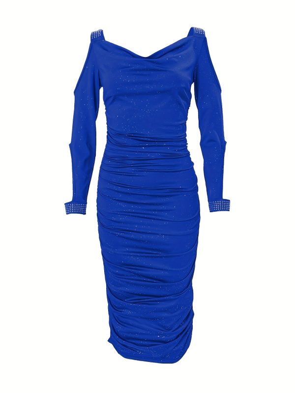 Sparkling Rhinestone Embellished Deep Red Bodycon Dress with Puff Sleeves - Stretchy Ruched Waist & Hip-Hugging Silhouette for Women, Spring/Autumn Party & Evening Wear, Glamorous Event Attire, Offshoulder Neckline, Strappy Detail