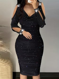 Sparkling Rhinestone Embellished Deep Red Bodycon Dress with Puff Sleeves - Stretchy Ruched Waist & Hip-Hugging Silhouette for Women, Spring/Autumn Party & Evening Wear, Glamorous Event Attire, Offshoulder Neckline, Strappy Detail