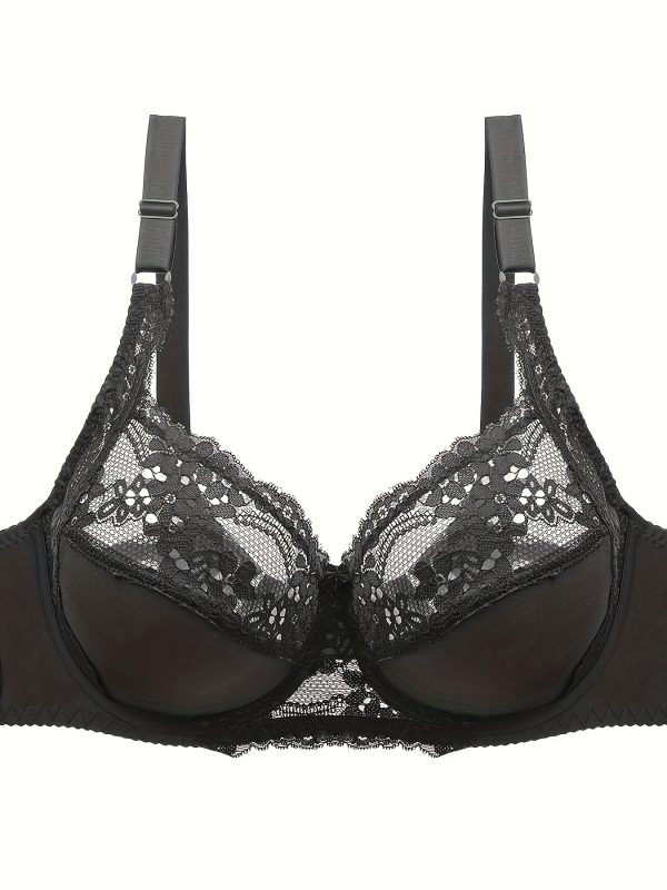 Plus Size Sexy Bra, Women's Plus Comfort Floral Lace Underwire Hook & Eye Soft Bra