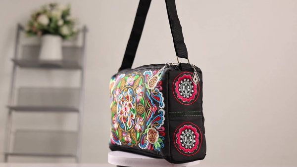 [Casual Accessory] Colorful Floral Embroidered Canvas Crossbody Bag for Women - Lightweight, Adjustable Strap, Triple Compartment with Zip Closure, Holds Umbrella & Water Bottle - Vibrant Purple/Red/Green/Blue/Black, Secure Travel Purse|Colorful Handbag|C
