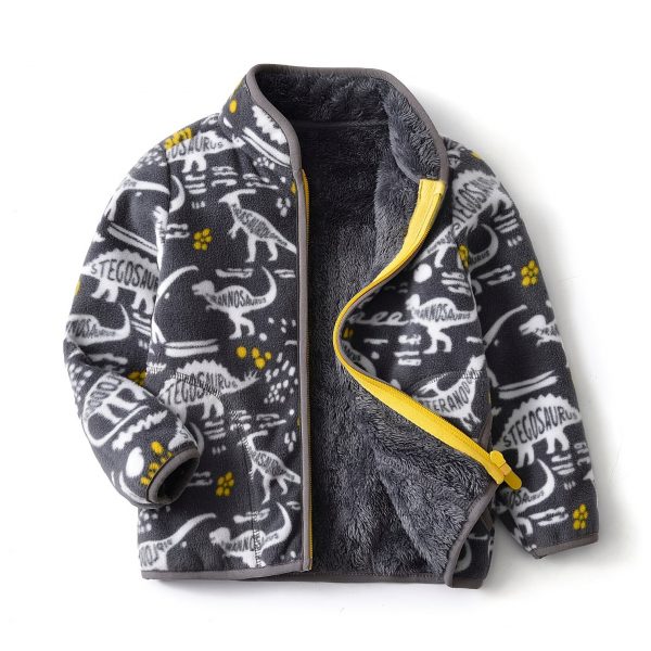 Kids Cartoon Dinosaur Print Polar Fleece Warm Stand Collar Vintage Jacket Autumn Winter