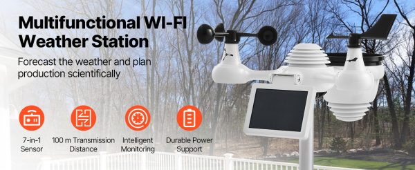 محطة طقس لاسلكية SucceBuy 7 في 1 مزودة بتقنية Wi-Fi وشاشة TFT ملونة مقاس 7 بوصات ومستشعر يعمل بالطاقة الشمسية للمراقبة الداخلية والخارجية